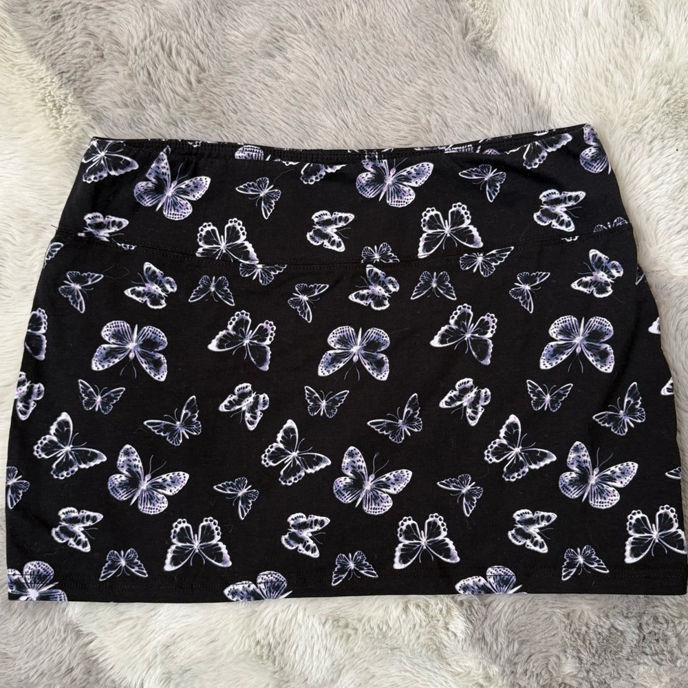 Y2K inspired Black Mini Skirt | Retro Neon Butterfly Print - Picture 1 of 5
